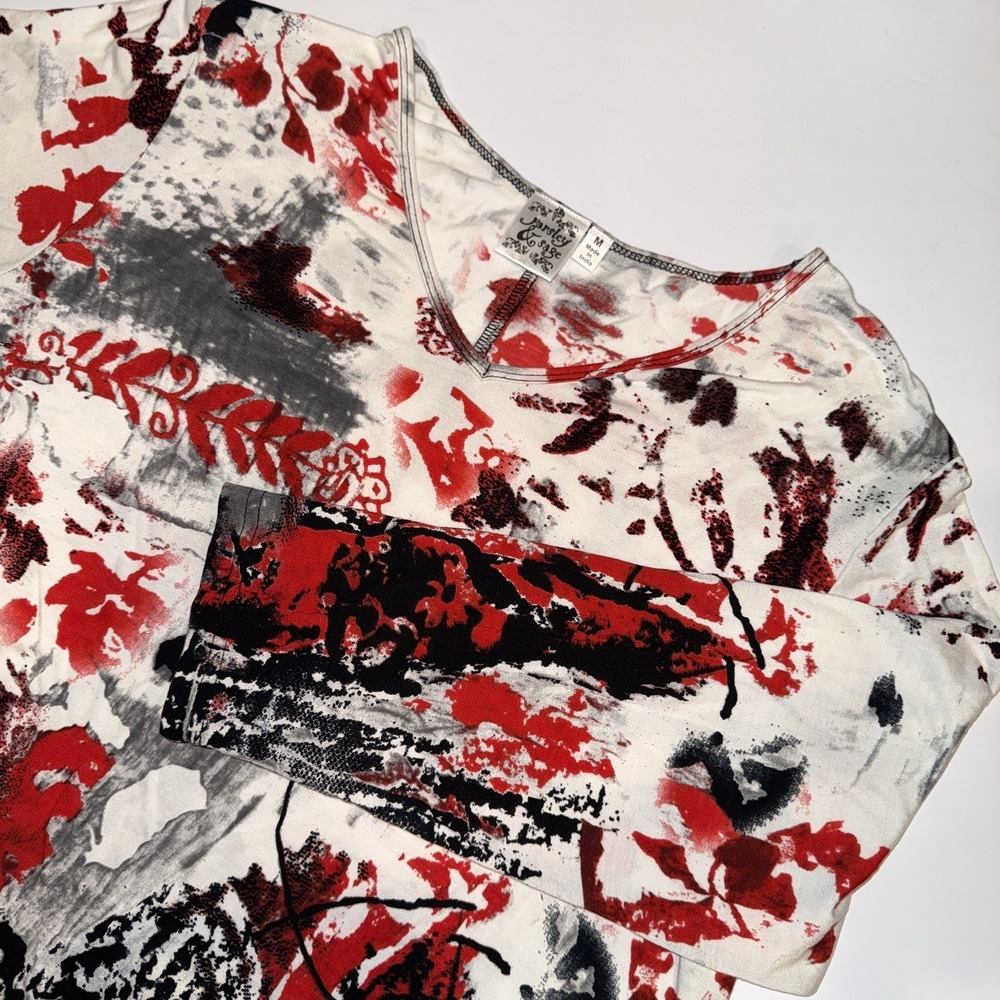 Parsley & Sage Abstract Art Print Tunic Top V-Neck 3/4 Sleeve Red Black M Artsy